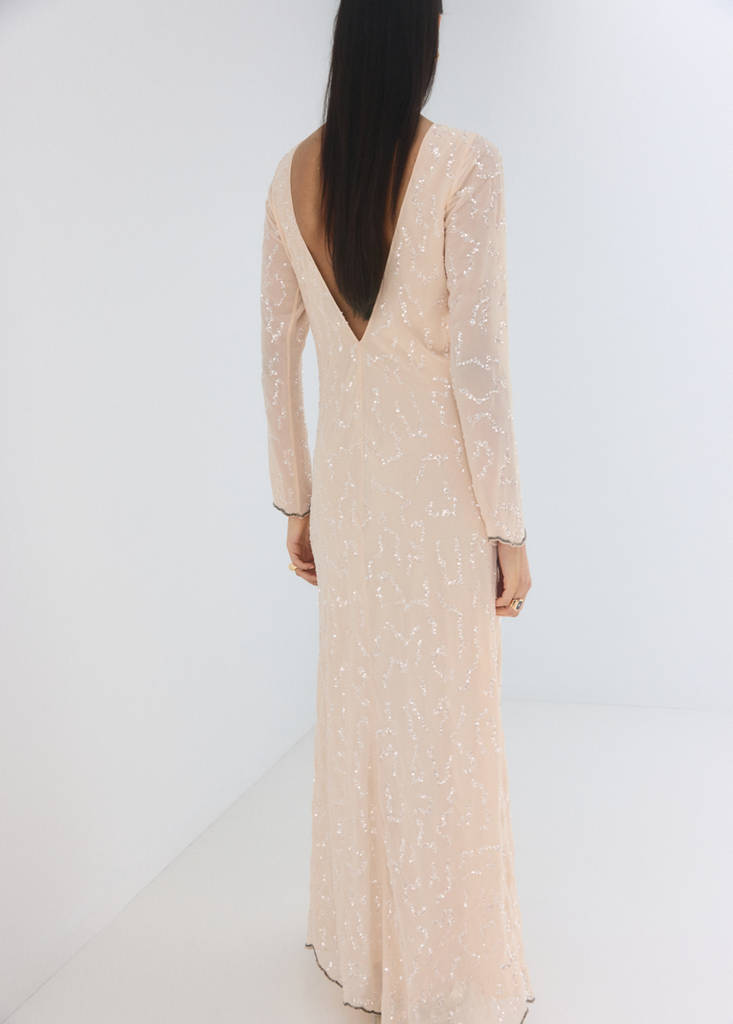 Sequin dress with open back — Ecru