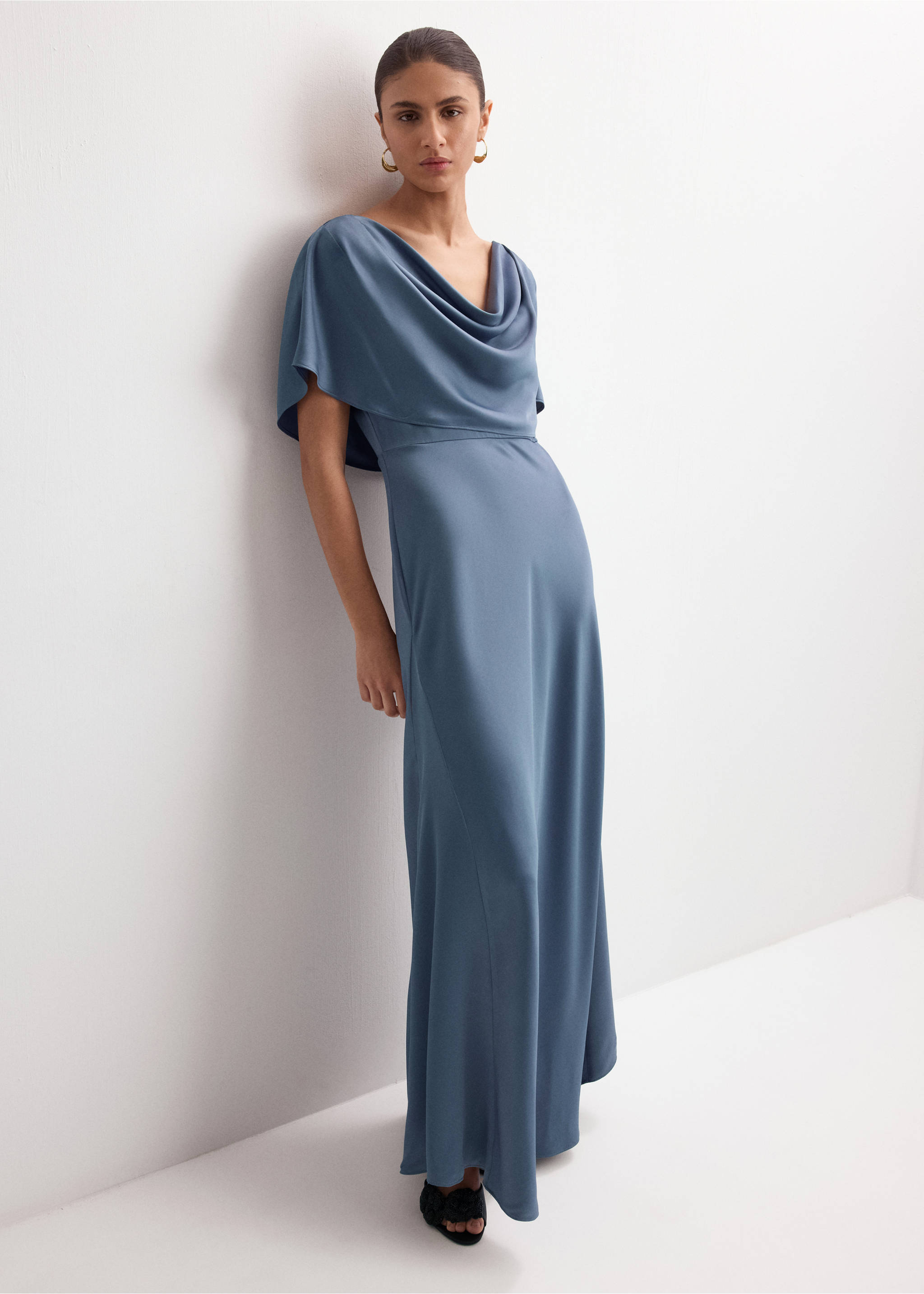 Draped neck satin dress - General plane, Charcoal. Ref: 27005822-00.