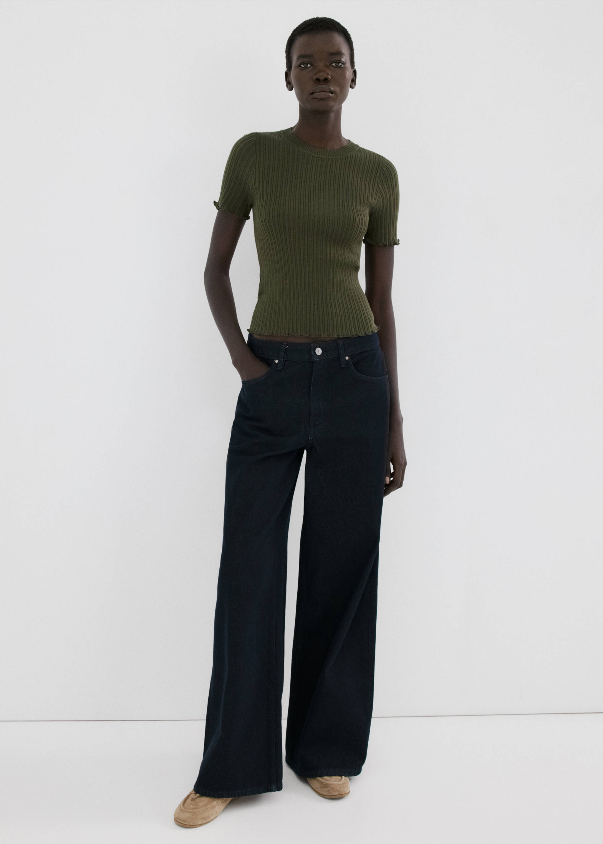 Ribbed  knit t-shirt - General plane, Khaki. Ref: 27005825-00.