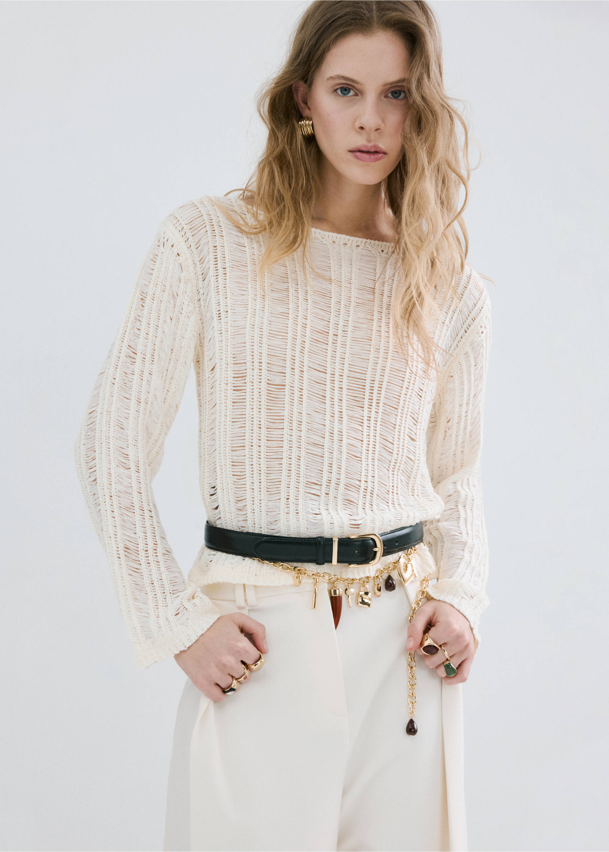 Frayed open-knit jumper - Medium plane, Ecru. Ref: 27005826-00.