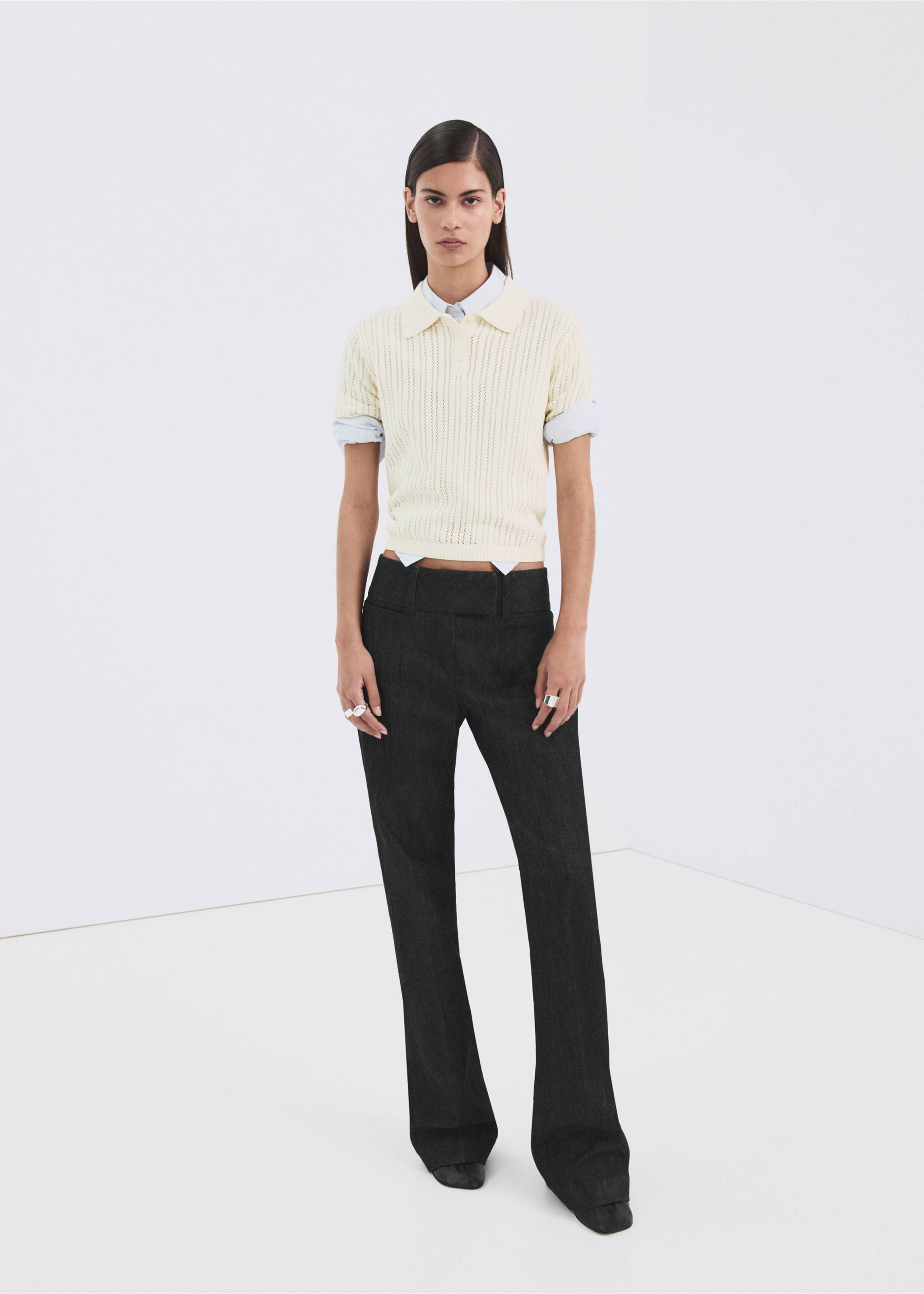 Openwork knitted polo-neck sweater - General plane, Ecru. Ref: 27005829-00.