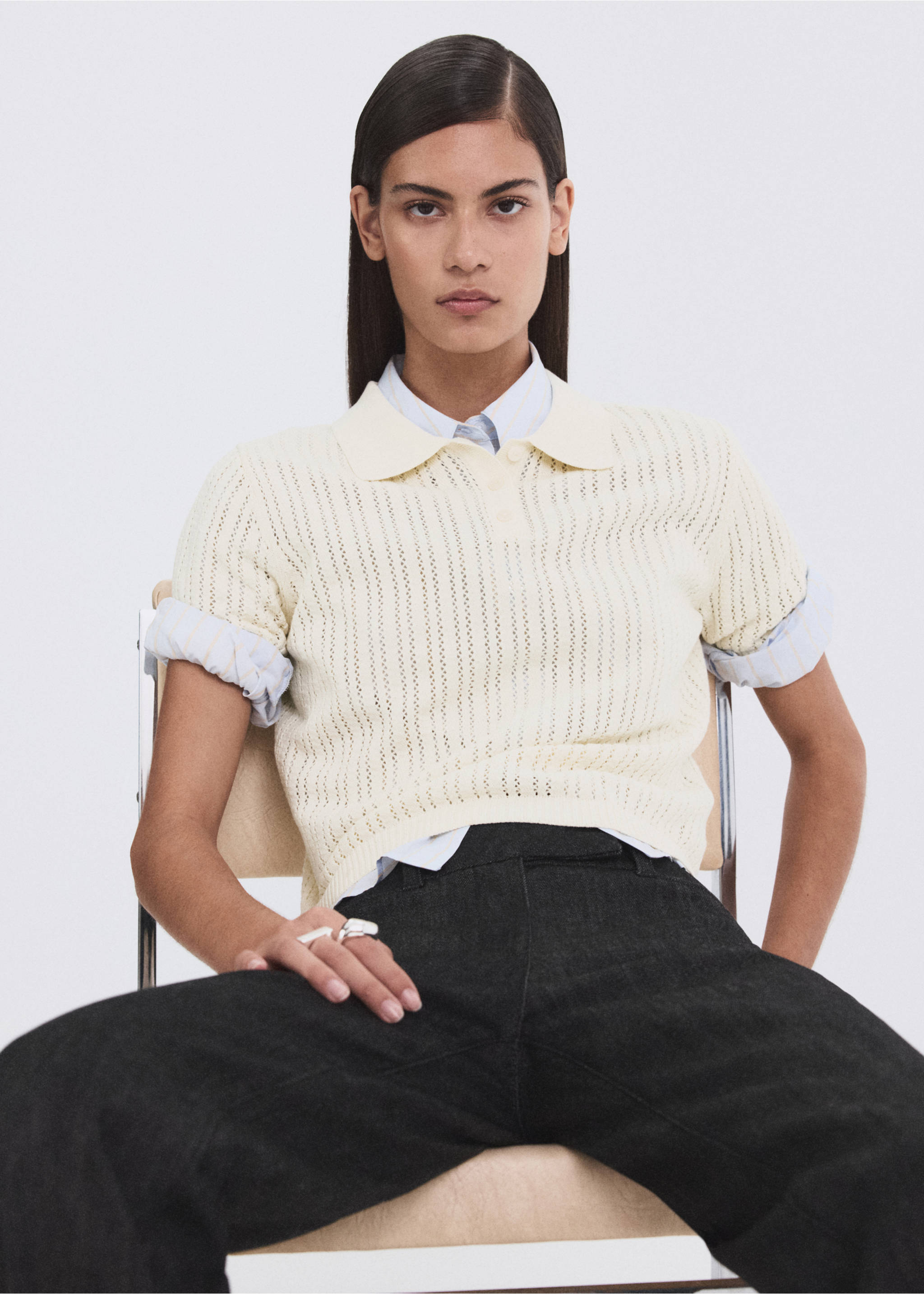 Openwork knitted polo-neck sweater - Details of the article 2, Ecru. Ref: 27005829-00.