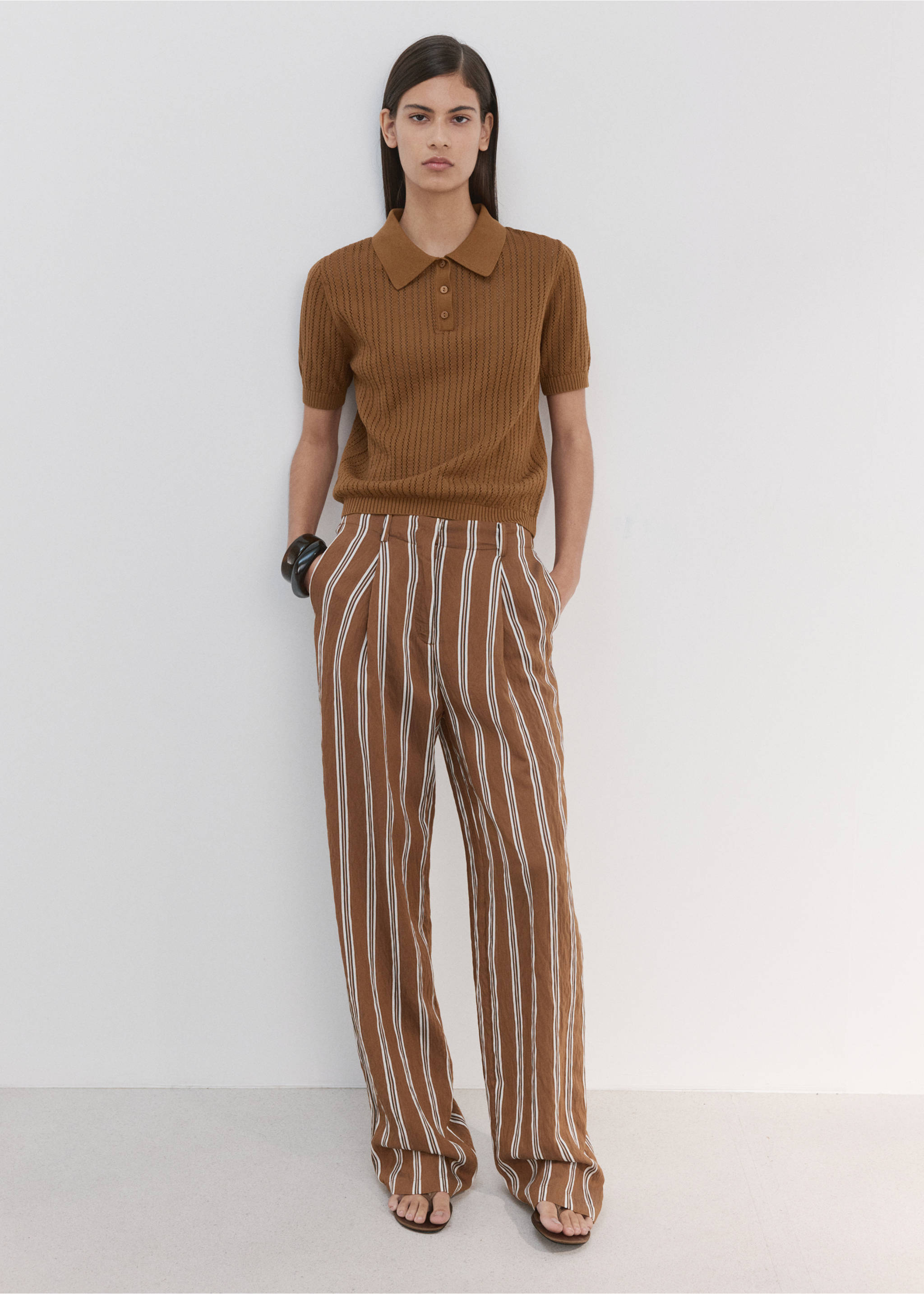 Openwork knitted polo-neck sweater - General plane, Caramel. Ref: 27005829-00.