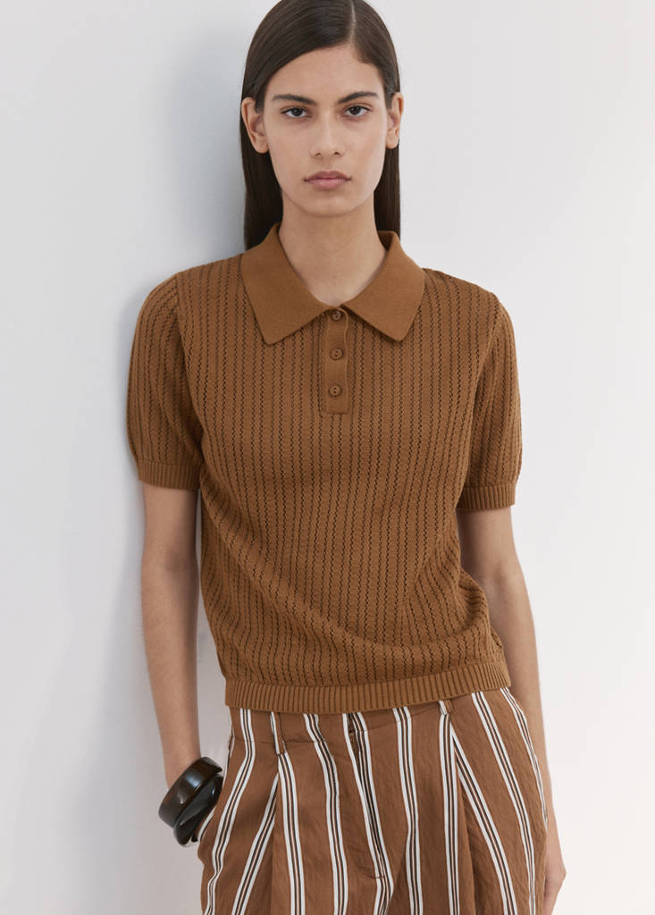 Openwork knitted polo-neck sweater — Caramel