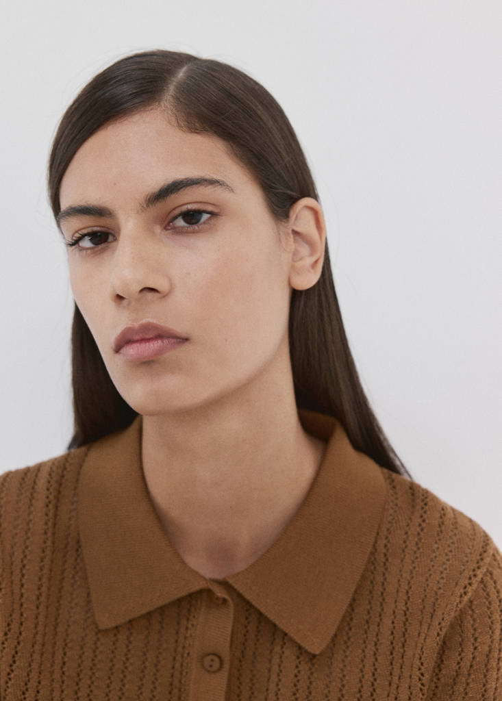 Openwork knitted polo-neck sweater — Caramel