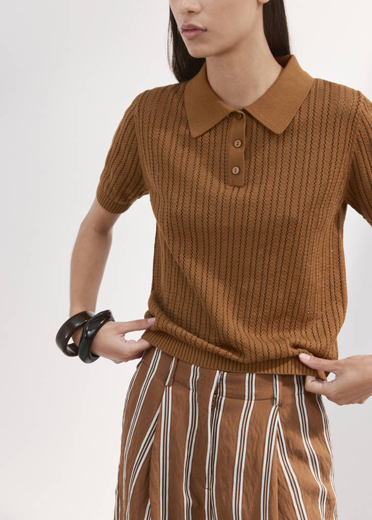 Openwork knitted polo-neck sweater — Caramel