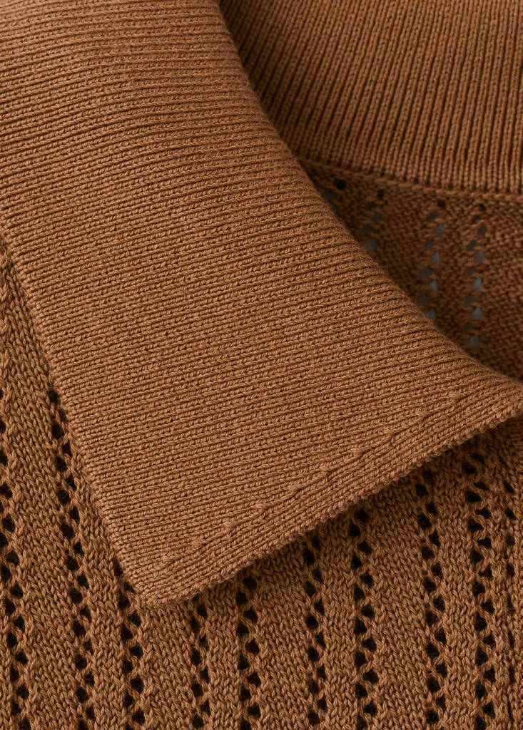 Openwork knitted polo-neck sweater — Caramel