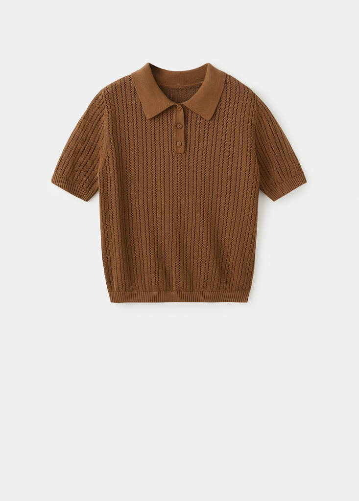 Openwork knitted polo-neck sweater — Caramel