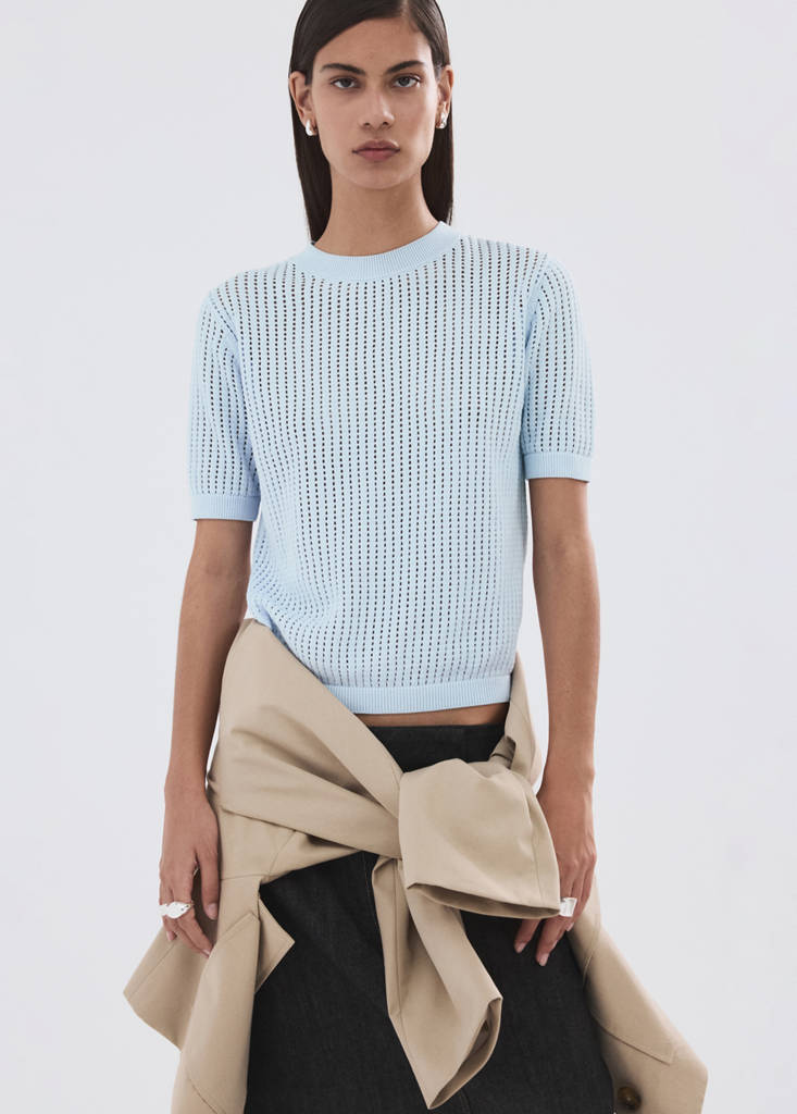 Short-sleeved openwork knitted sweater — Sky Blue