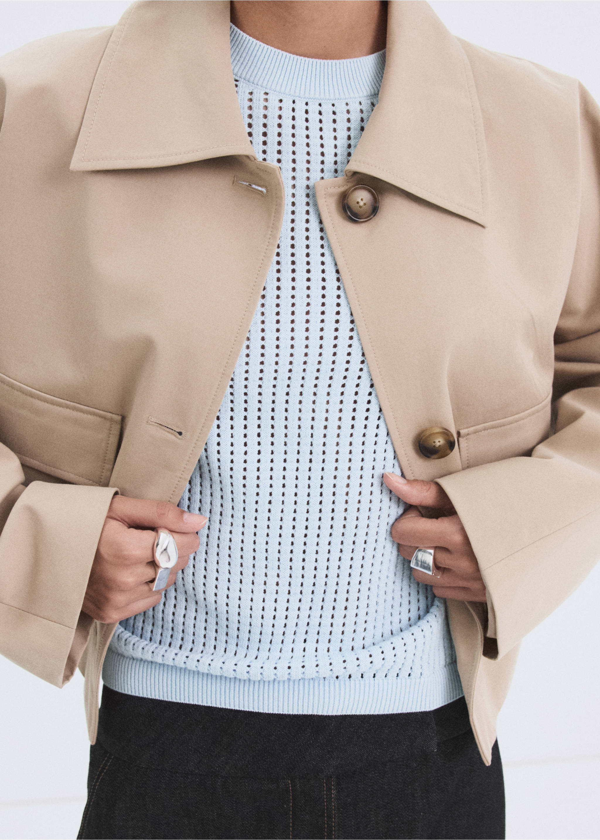 Ажурний трикотажний джемпер з коротким рукавом - Детальніше про товар 6, Світло-блакитний. Ref: 27005830-00.