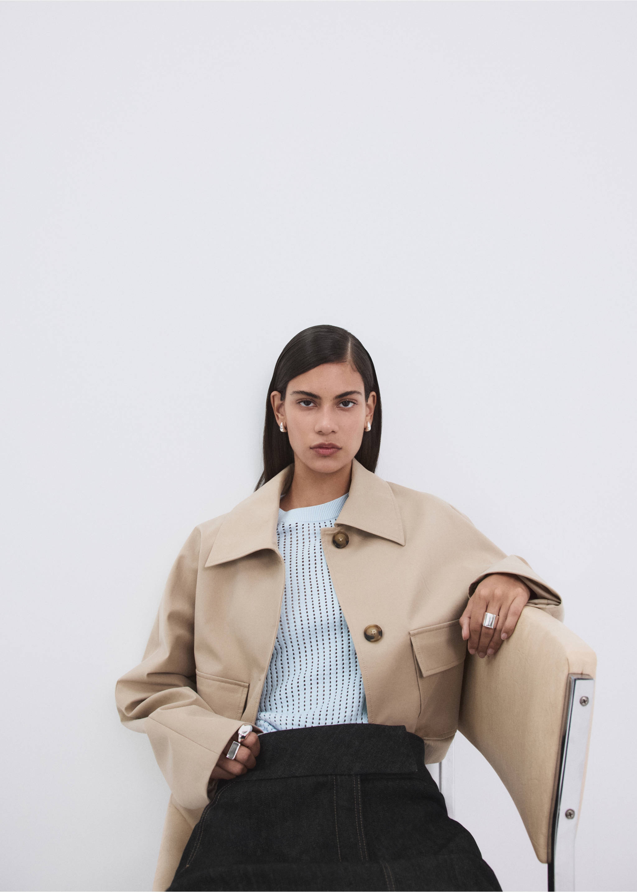 Ажурний трикотажний джемпер з коротким рукавом - Детальніше про товар 2, Світло-блакитний. Ref: 27005830-00.