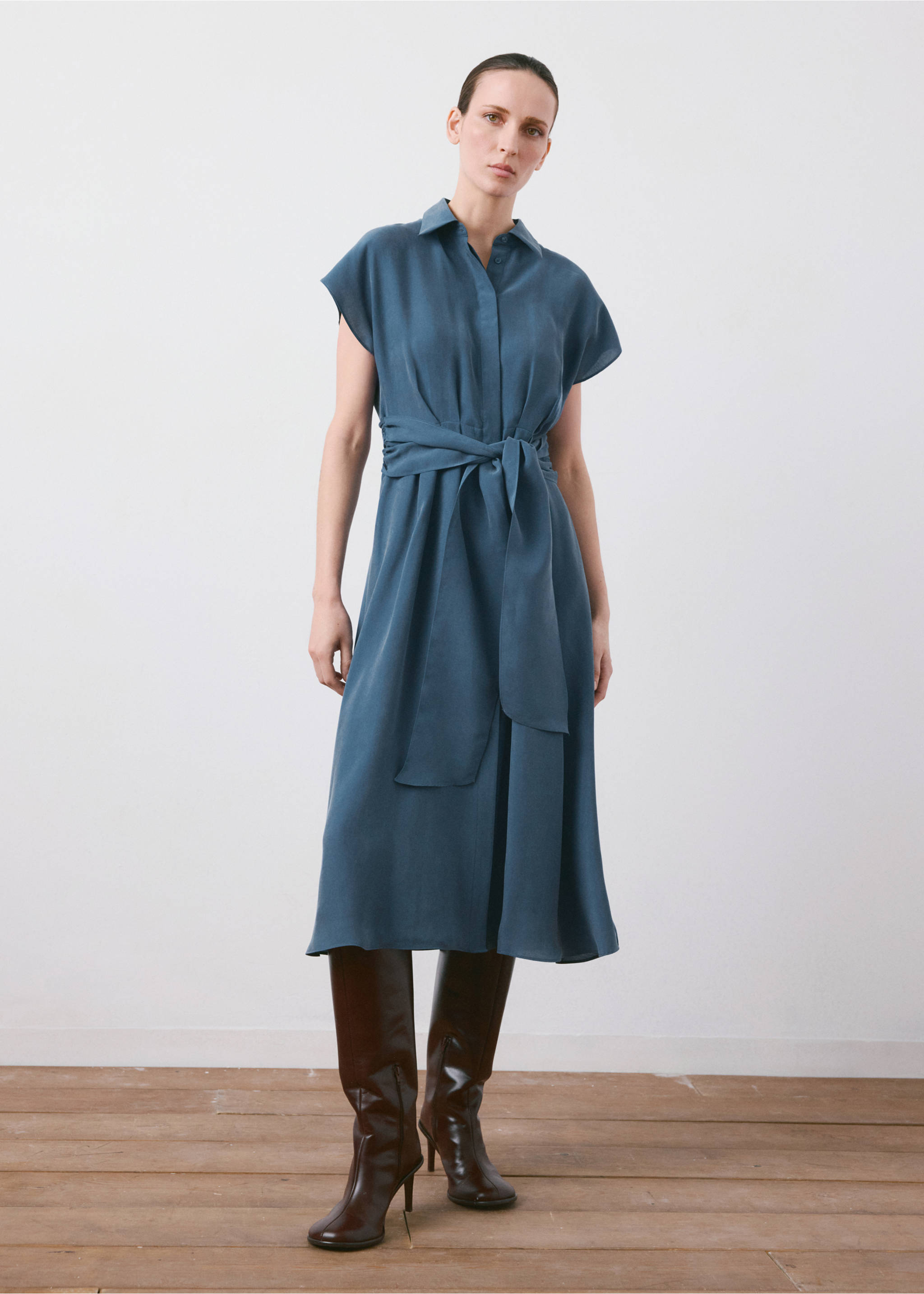 Robe chemisier ceinture - Plan général, Bleu. Ref: 27005833-00.