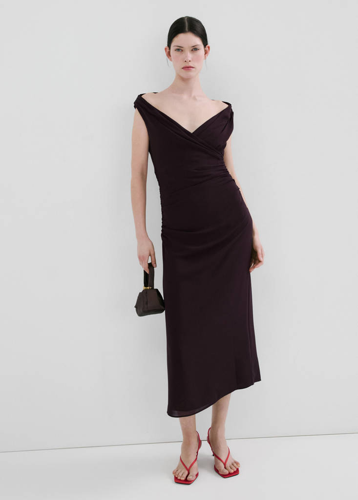 Ruched dress with crossover neckline — Brown