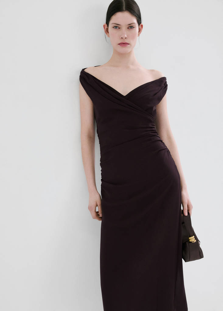 Ruched dress with crossover neckline — Brown