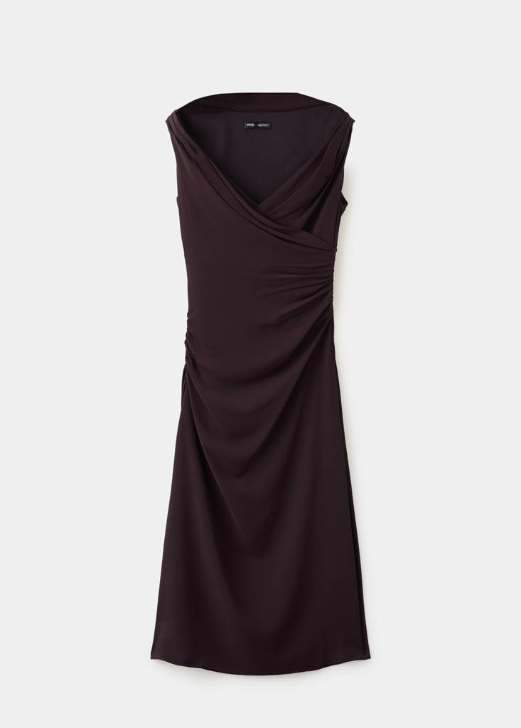 Ruched dress with crossover neckline — Brown