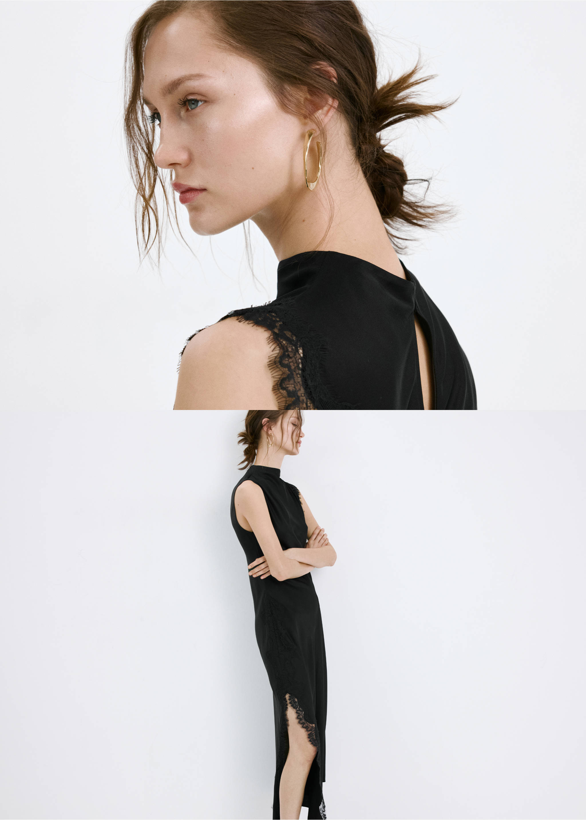 Vestido largo satinado detalles encaje - Detalle del artículo 2, Negro. Ref: 27005843-00.