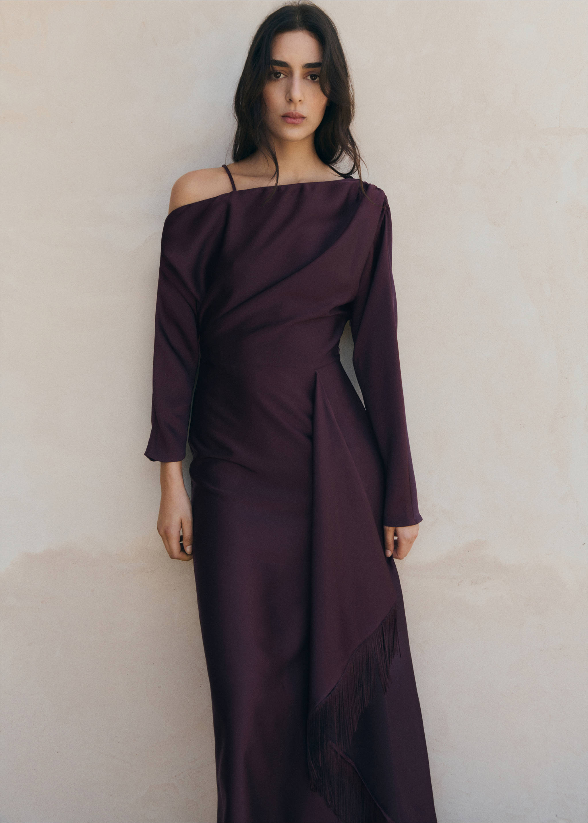 Asymmetrical satin dress with fringes - Medium plane, Purple. Ref: 27005850-00.