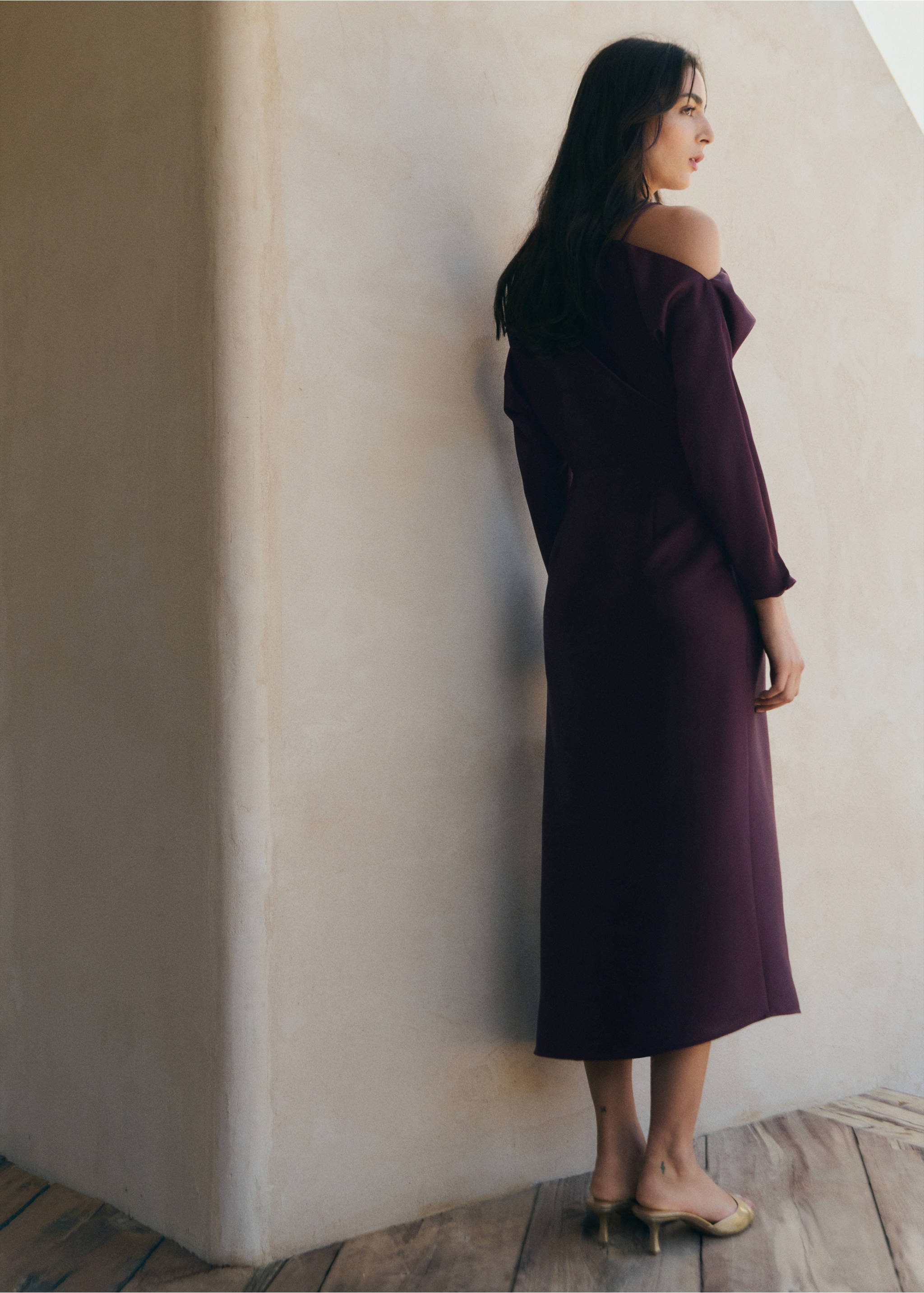 Asymmetrical satin dress with fringes - Reverse of the article, Purple. Ref: 27005850-00.