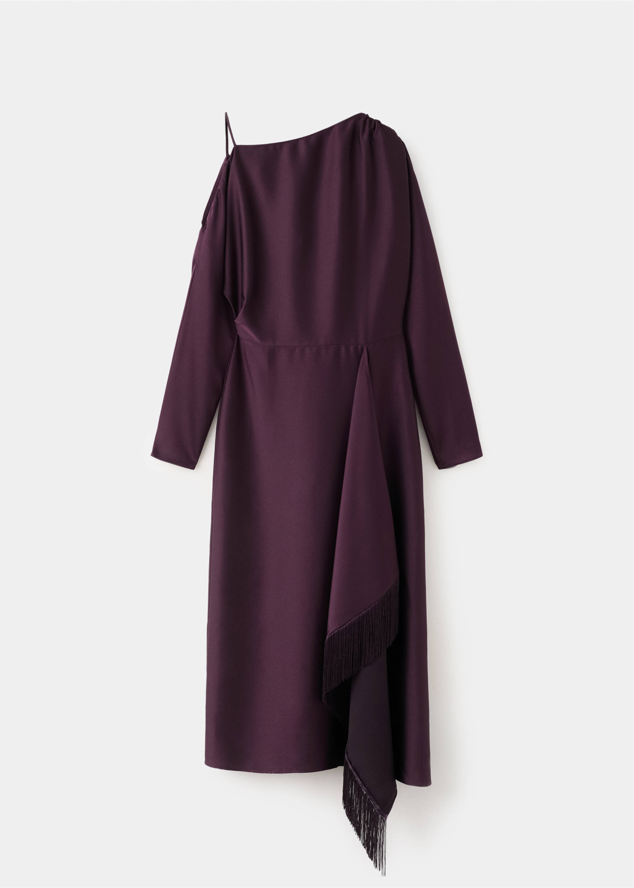 Asymmetrical satin dress with fringes - Article without model, Purple. Ref: 27005850-00.