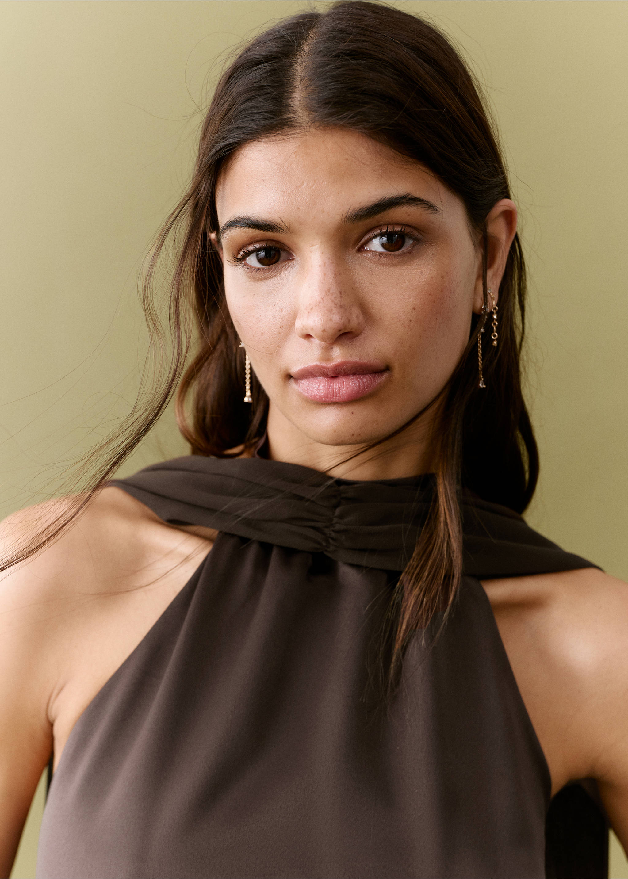 Halter neck foulard dress - Details of the article 1, Brown. Ref: 27005851-00.