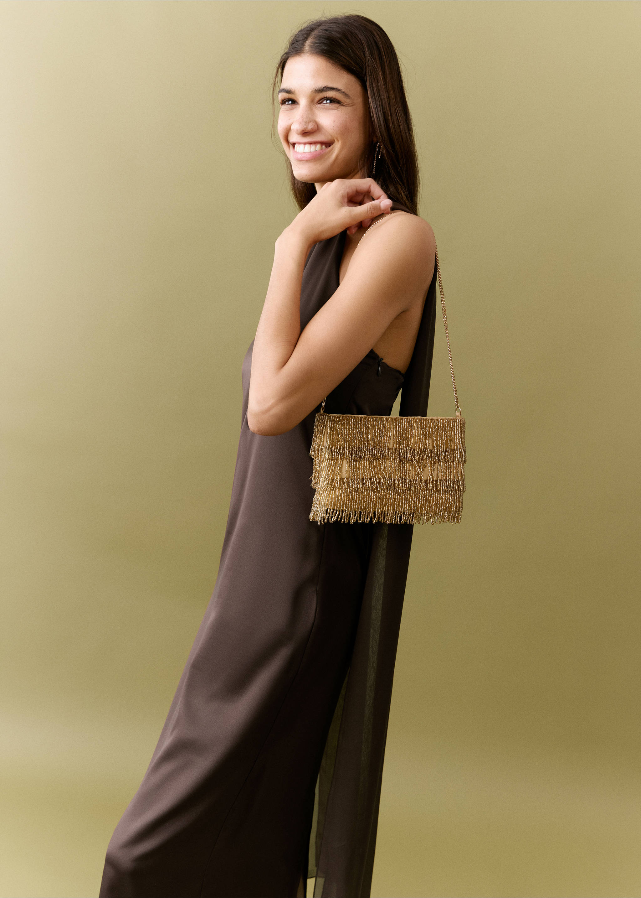 Halter neck foulard dress - Details of the article 4, Brown. Ref: 27005851-00.