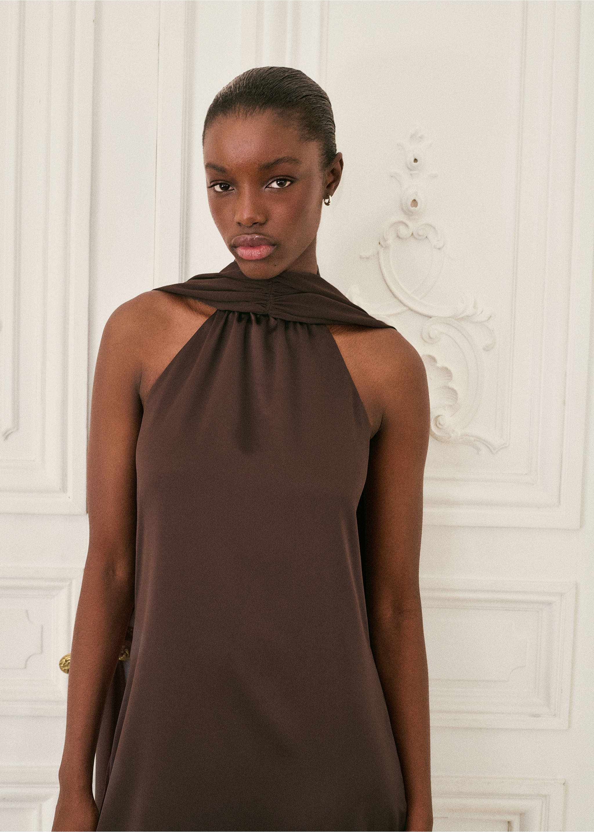 Halter neck foulard dress - Details of the article 5, Brown. Ref: 27005851-00.