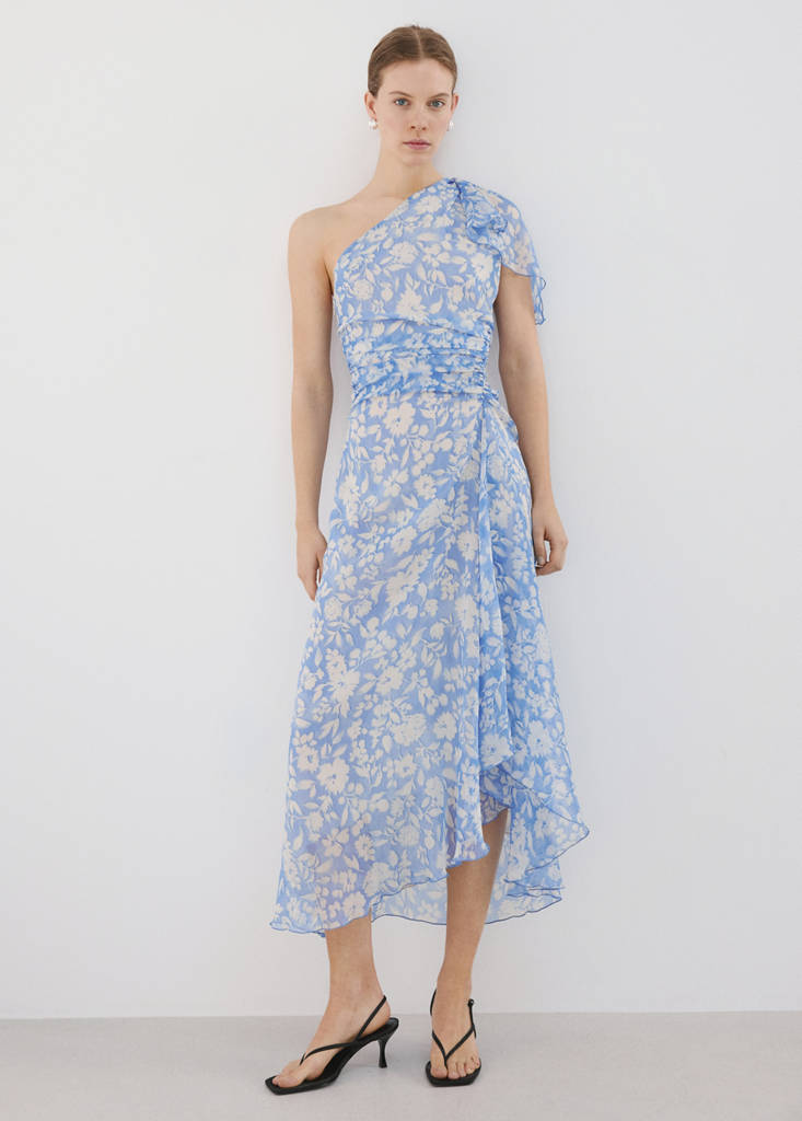 Floral dress with an asymmetric neckline — Blue