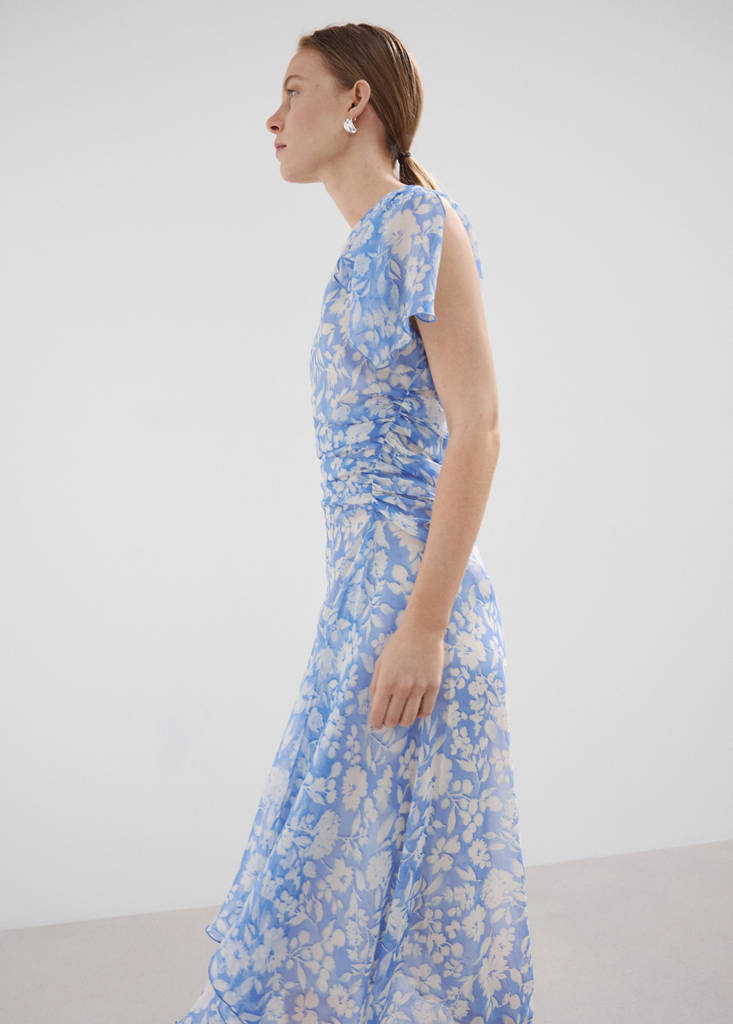 Floral dress with an asymmetric neckline — Blue