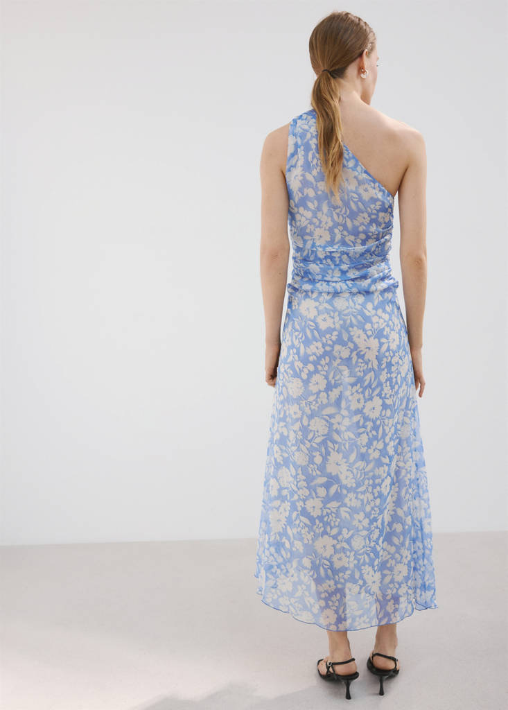 Floral dress with an asymmetric neckline — Blue