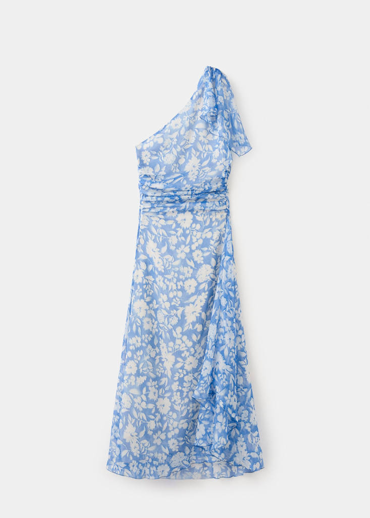 Floral dress with an asymmetric neckline — Blue