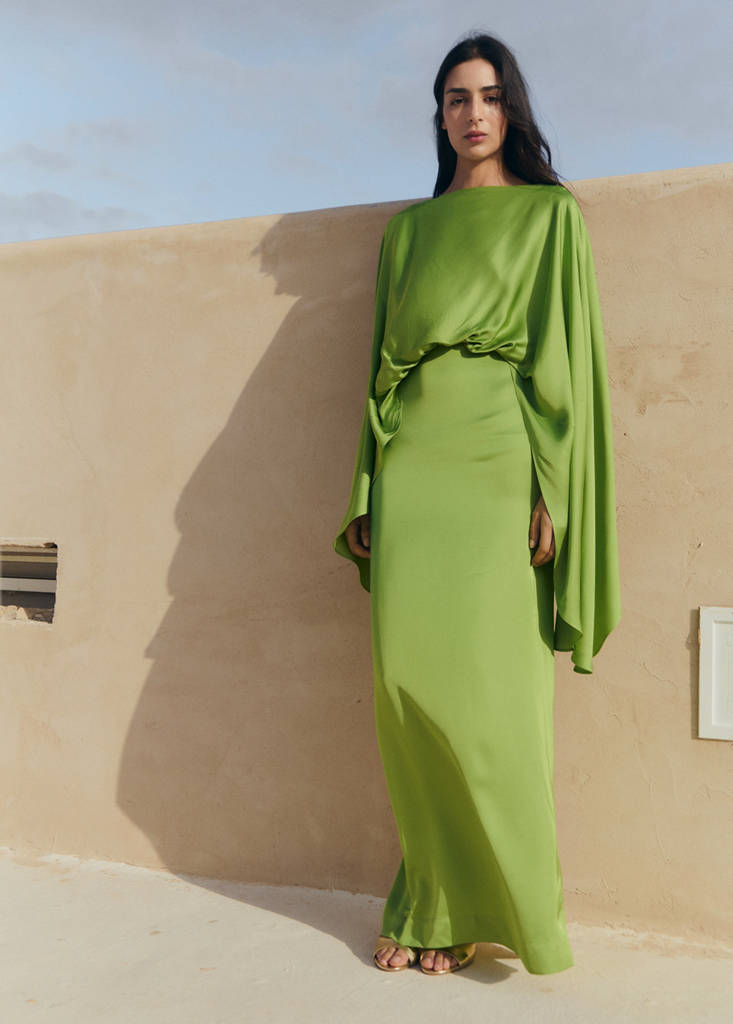 Puffed sleeves satin dress — Green