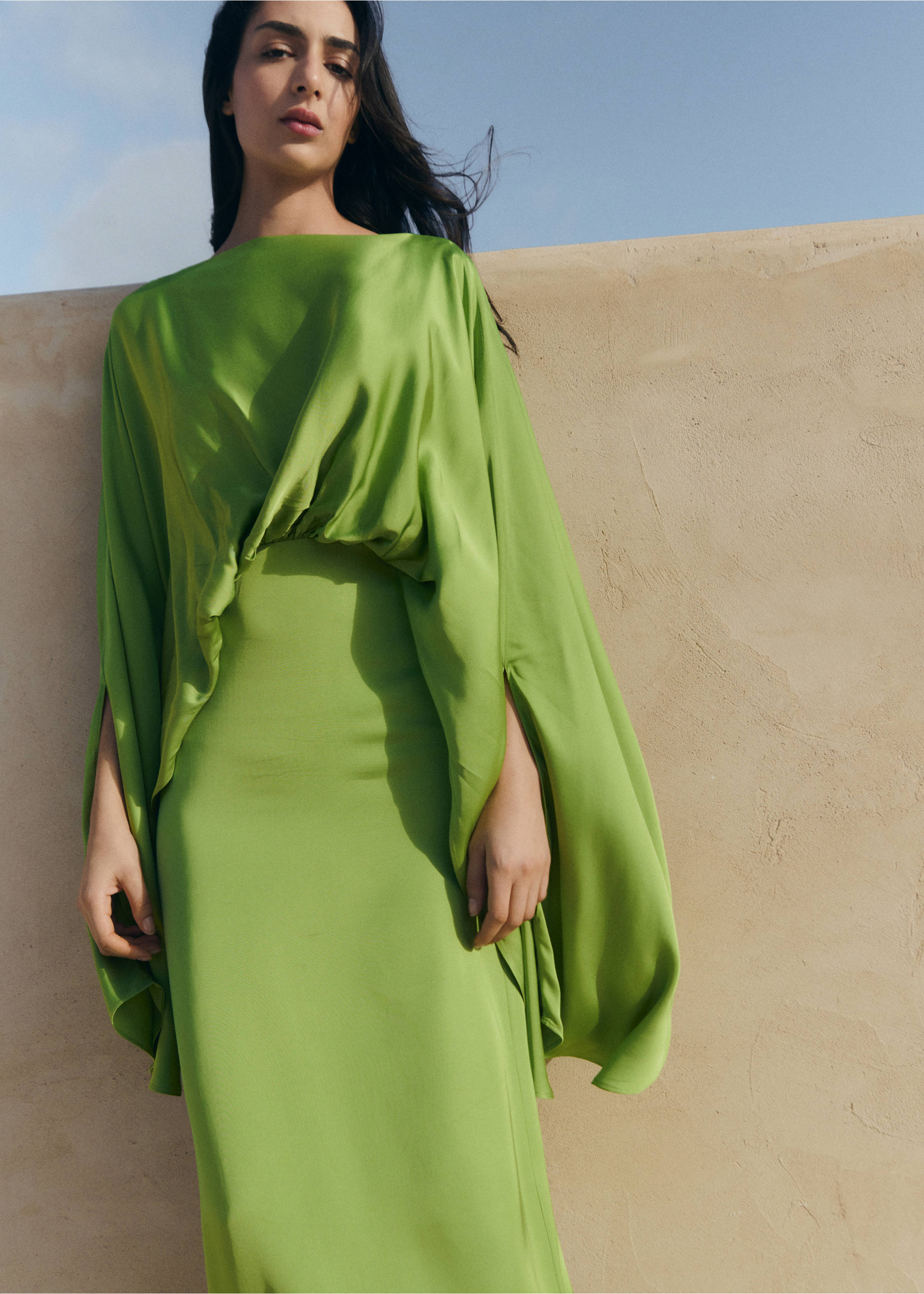 Puffed sleeves satin dress - Medium plane, Green. Ref: 27005854-00.