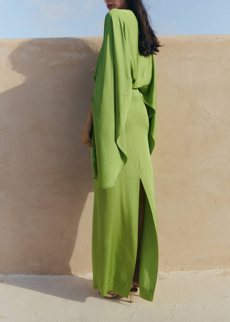 Puffed sleeves satin dress — Green