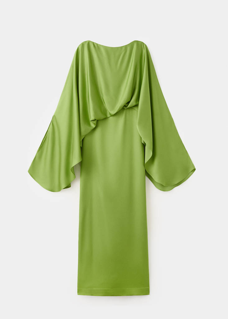 Puffed sleeves satin dress — Green