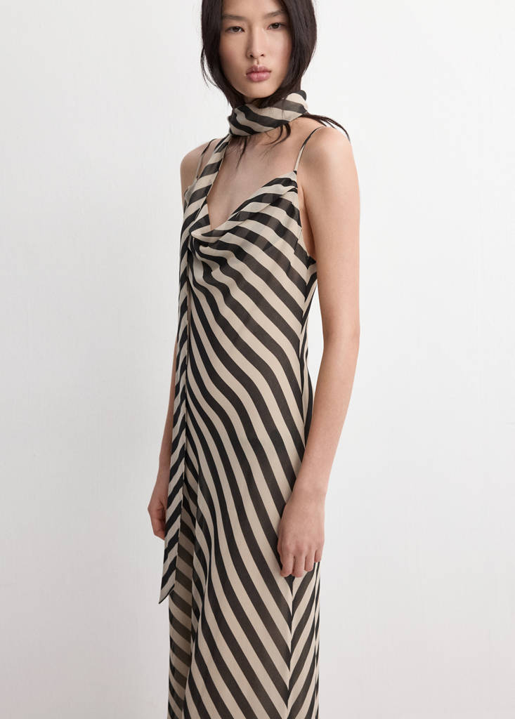 Printed dress with foulard — Ecru