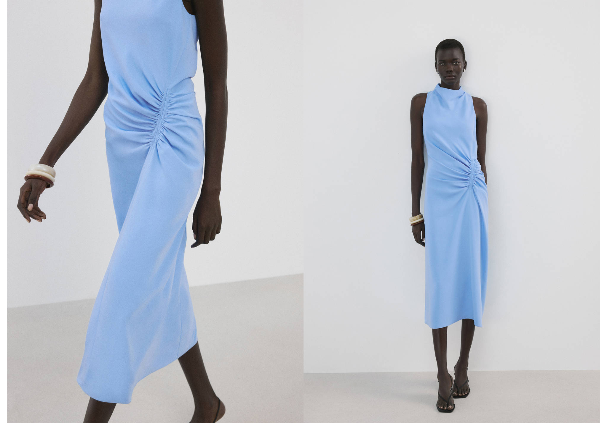 Draped neck dress with side ruching - Panoramic plane