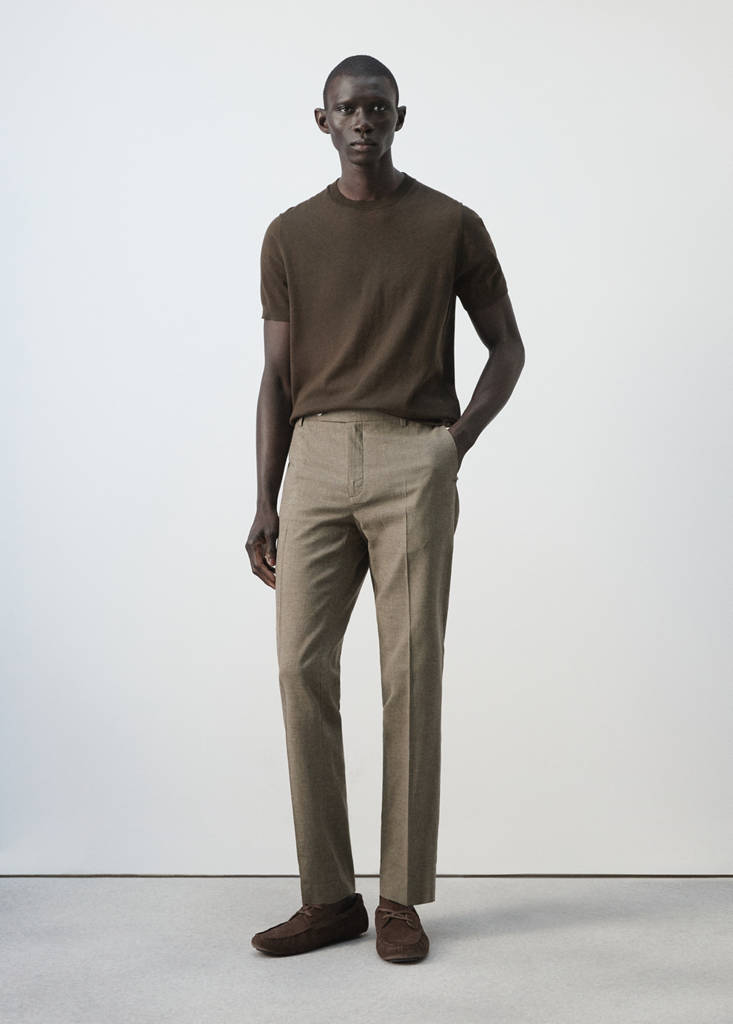Regular fit houndstooth linen blend trousers — Brown