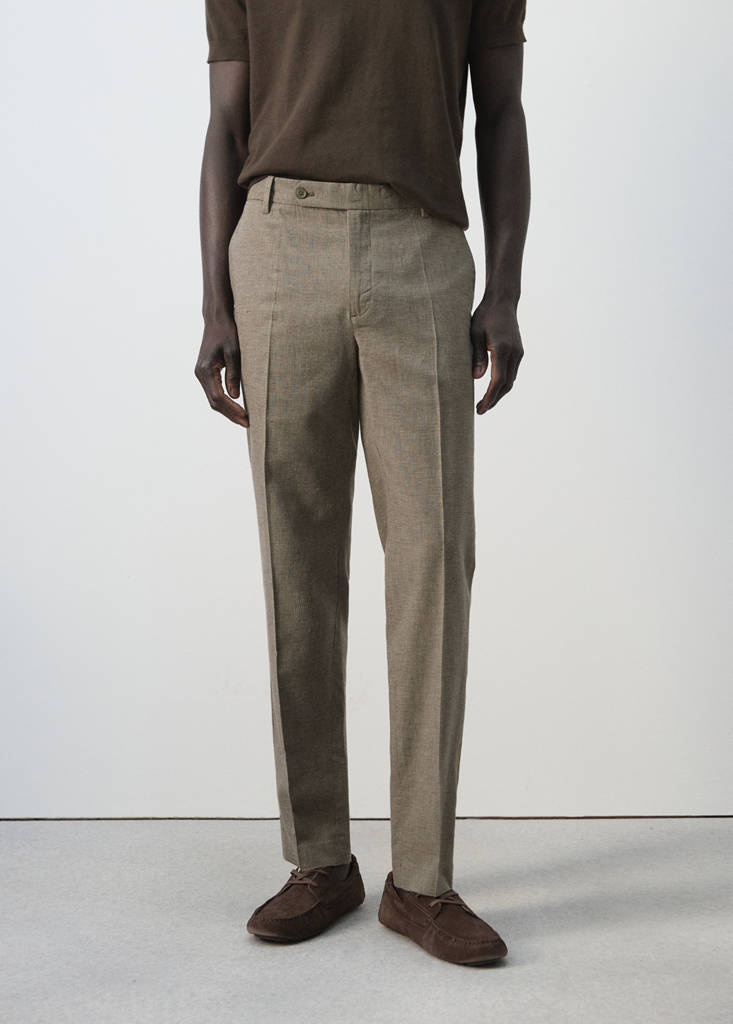 Regular fit houndstooth linen blend trousers — Brown