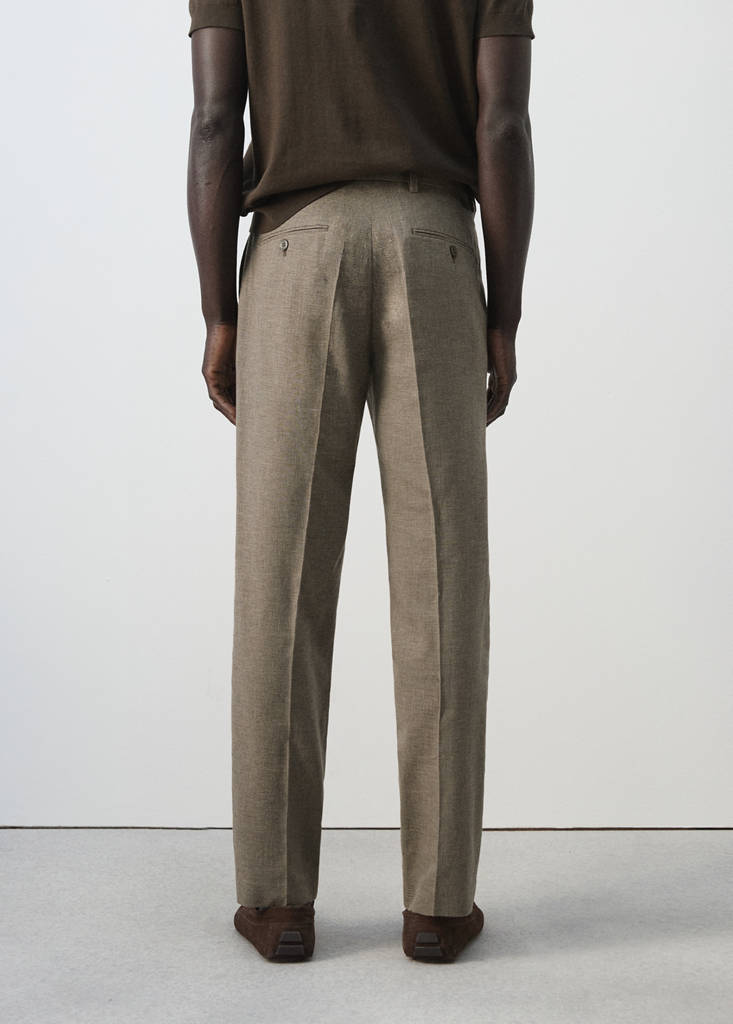 Regular fit houndstooth linen blend trousers — Brown