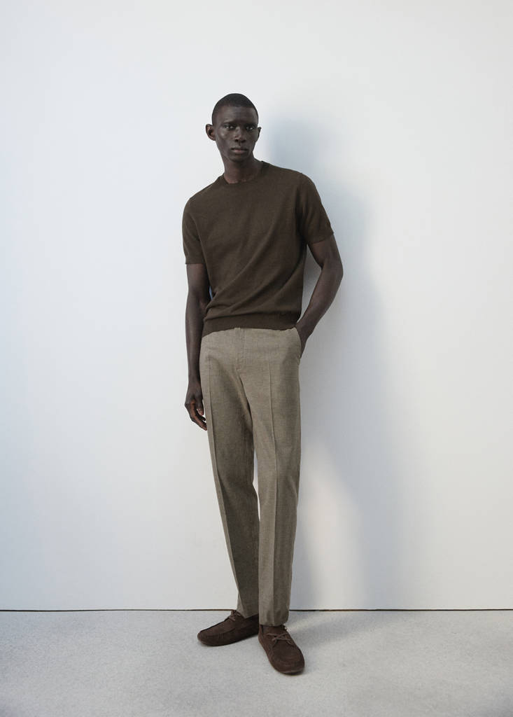 Regular fit houndstooth linen blend trousers — Brown