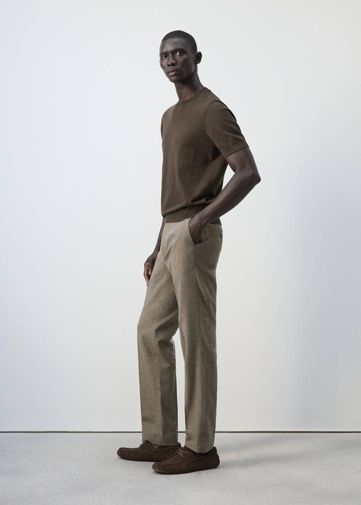Regular fit houndstooth linen blend trousers — Brown