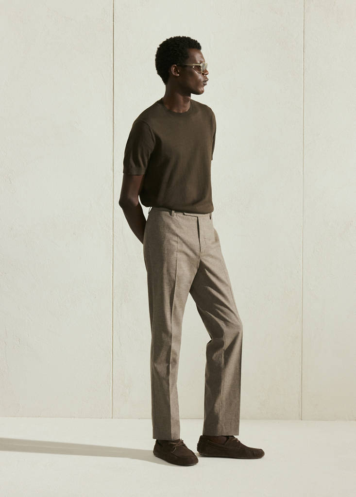 Regular fit houndstooth linen blend trousers — Brown