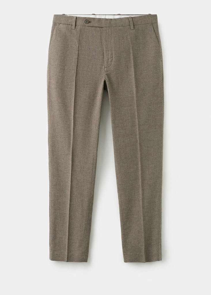 Regular fit houndstooth linen blend trousers — Brown