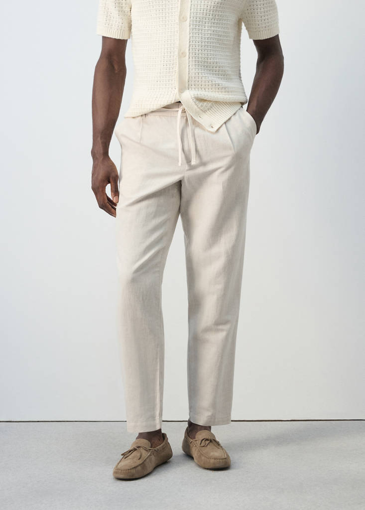 Slim fit cropped linen-cotton trousers — Ecru