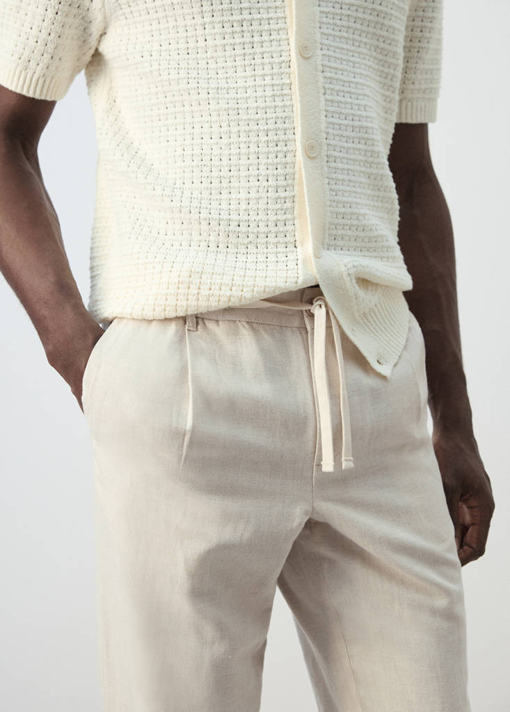 Slim fit cropped linen-cotton trousers — Ecru