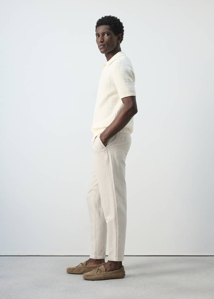 Slim fit cropped linen-cotton trousers — Ecru