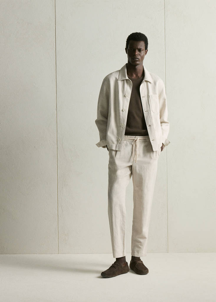 Slim fit cropped linen-cotton trousers — Ecru
