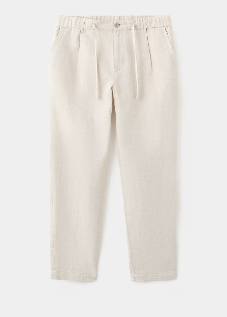 Slim fit cropped linen-cotton trousers — Ecru