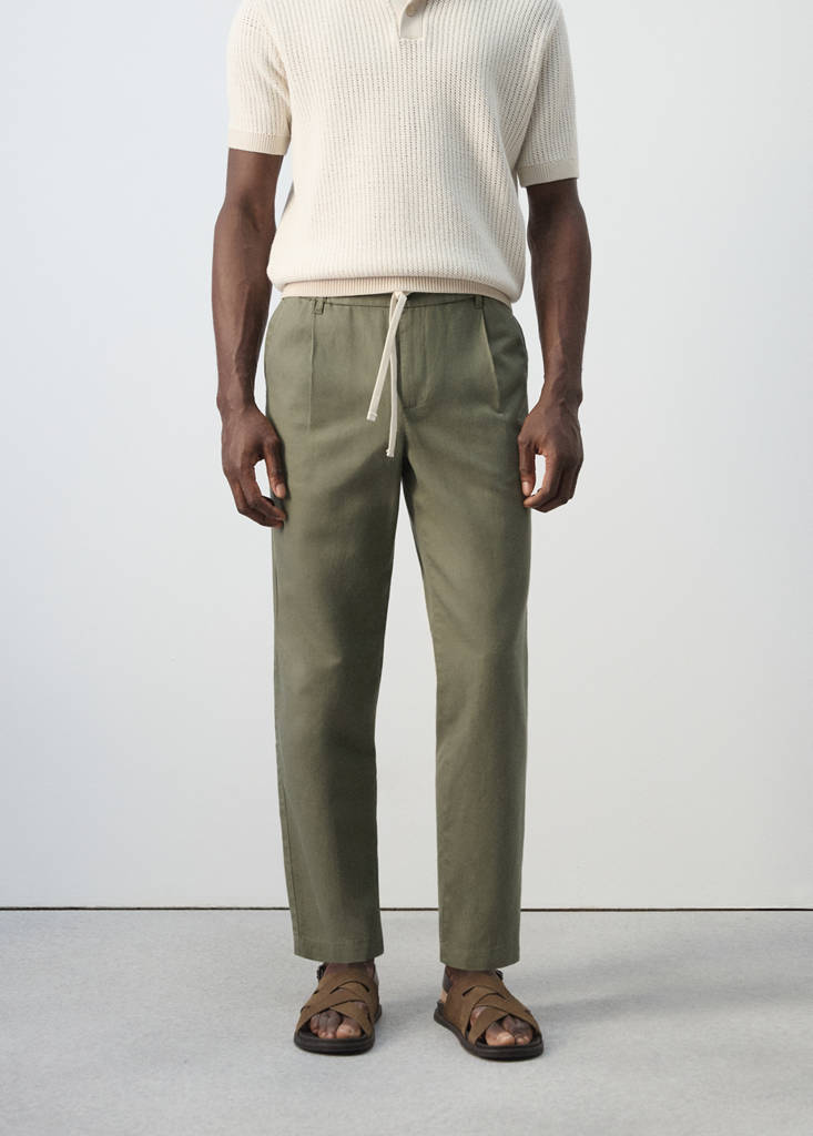 Slim fit cropped linen-cotton trousers — Forest Green