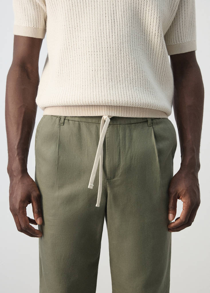 Slim fit cropped linen-cotton trousers — Forest Green